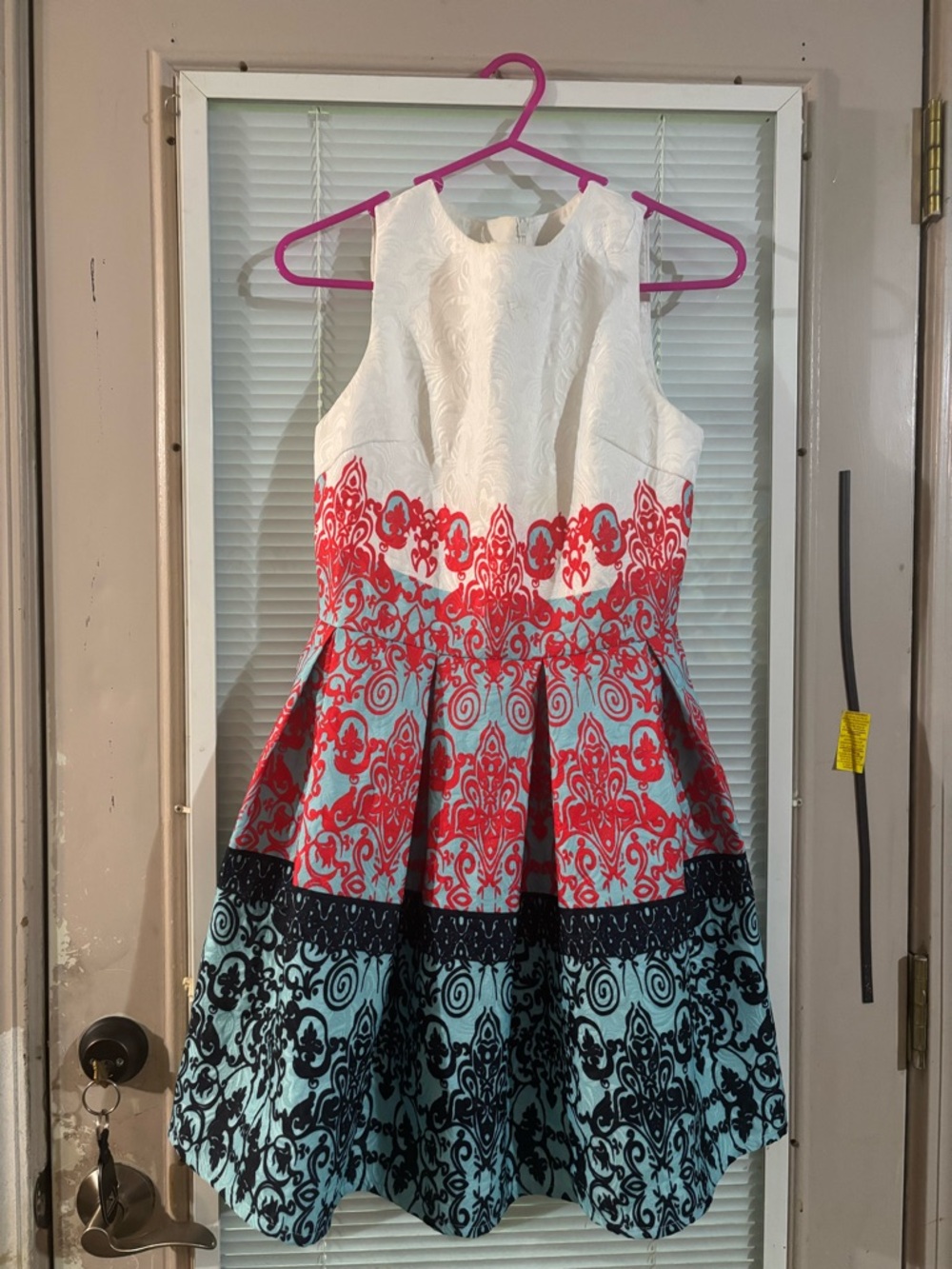 Girls White, Coral & Aqua Patterned Fit-and-Flare Dress